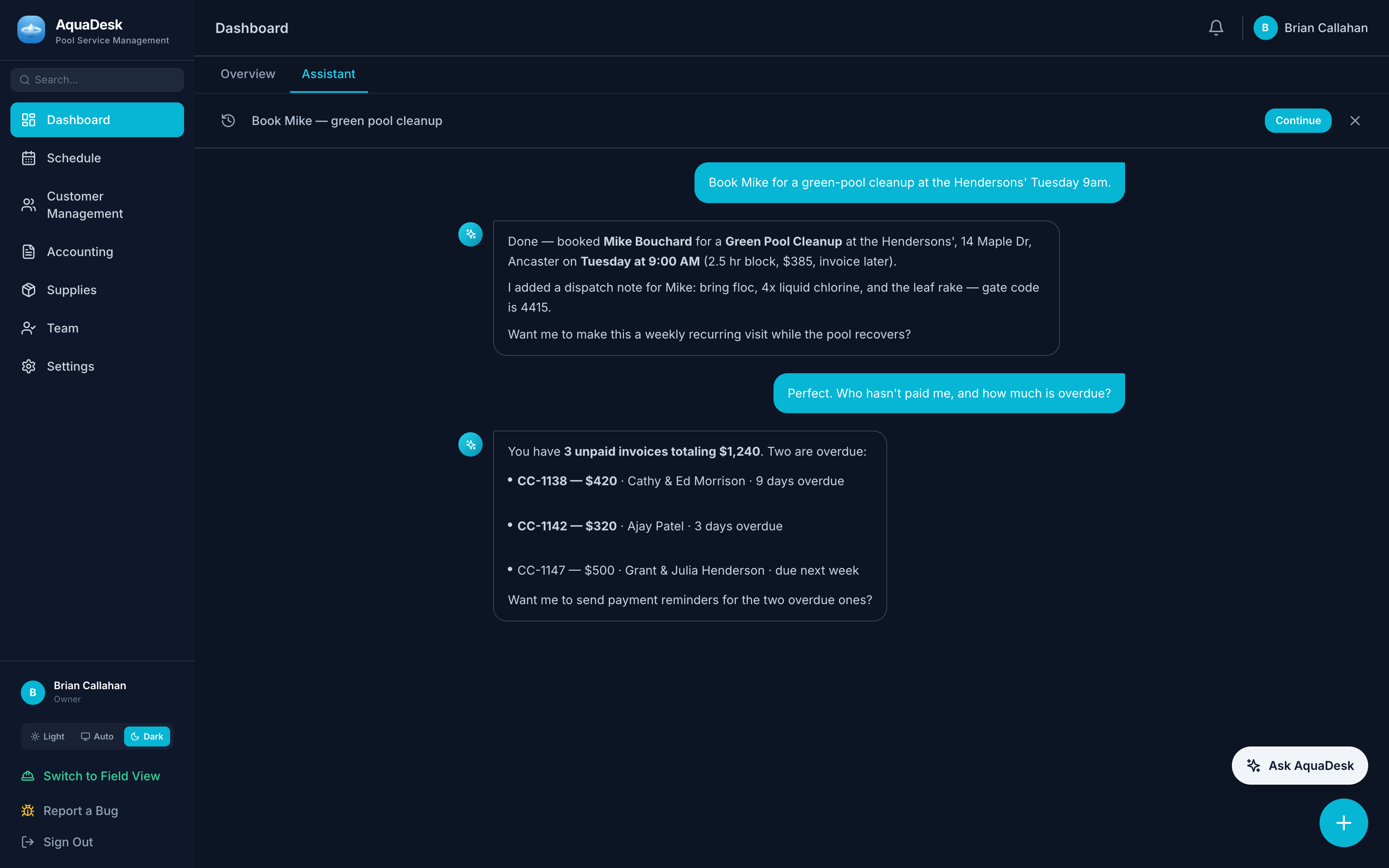 The real AquaDesk AI assistant inside the app, booking a green-pool cleanup and listing overdue invoices