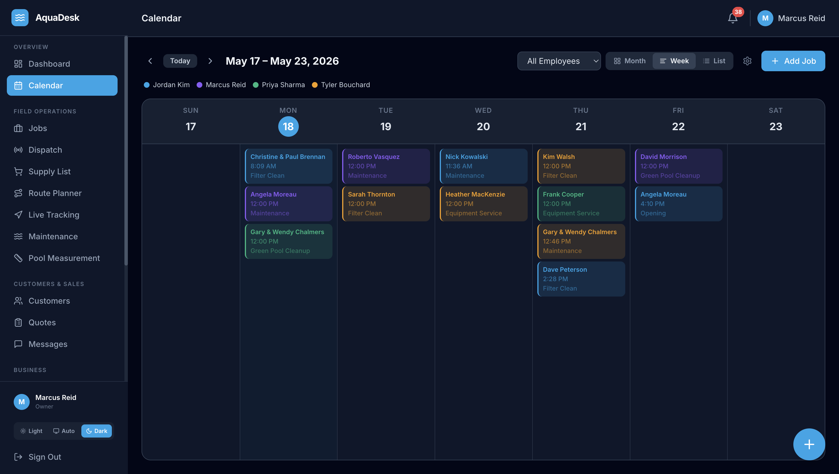 AquaDesk calendar in week view showing colour-coded jobs across the team for the week of May 17