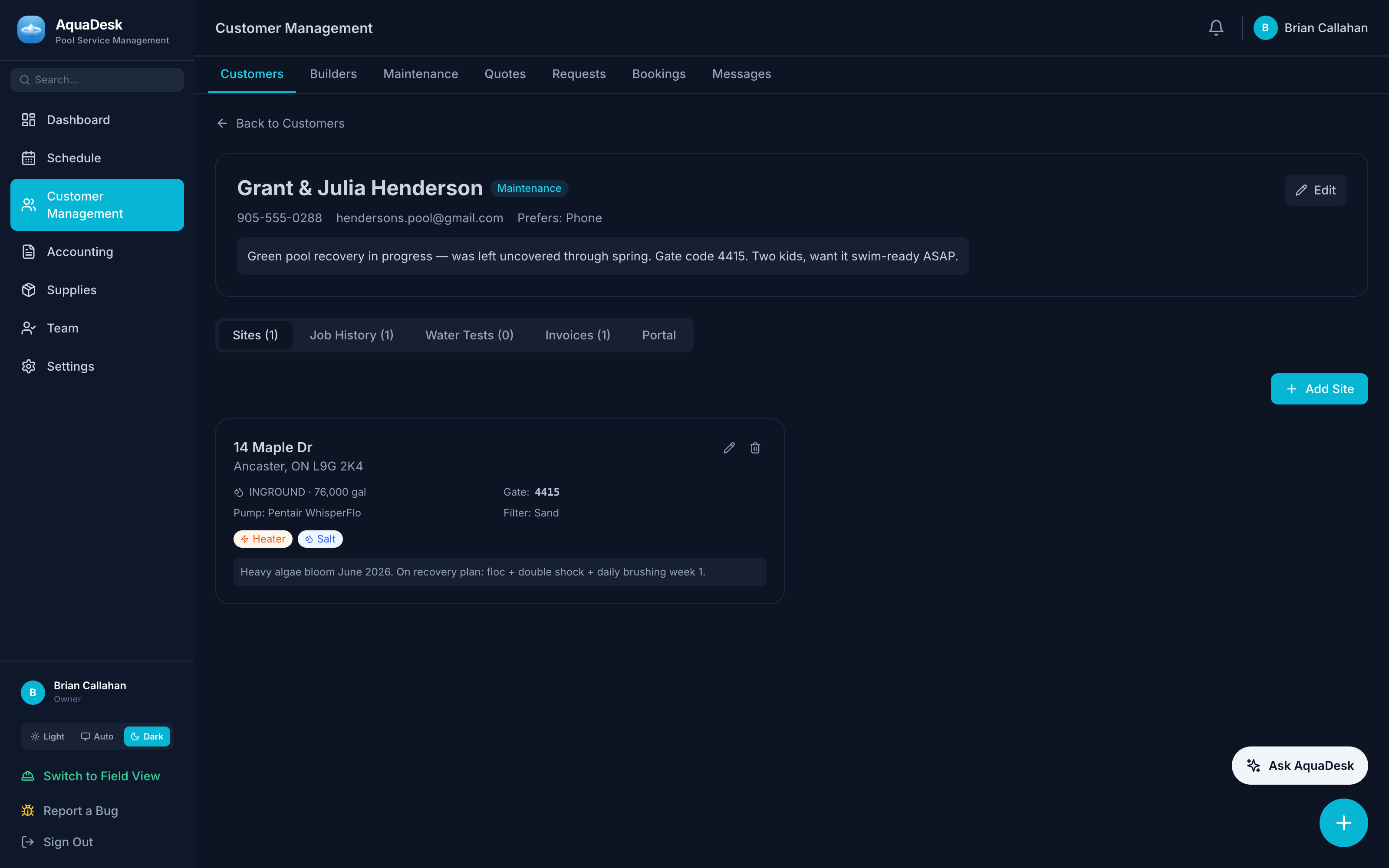 AquaDesk customer profile for the Hendersons showing pool type, volume, equipment and gate code