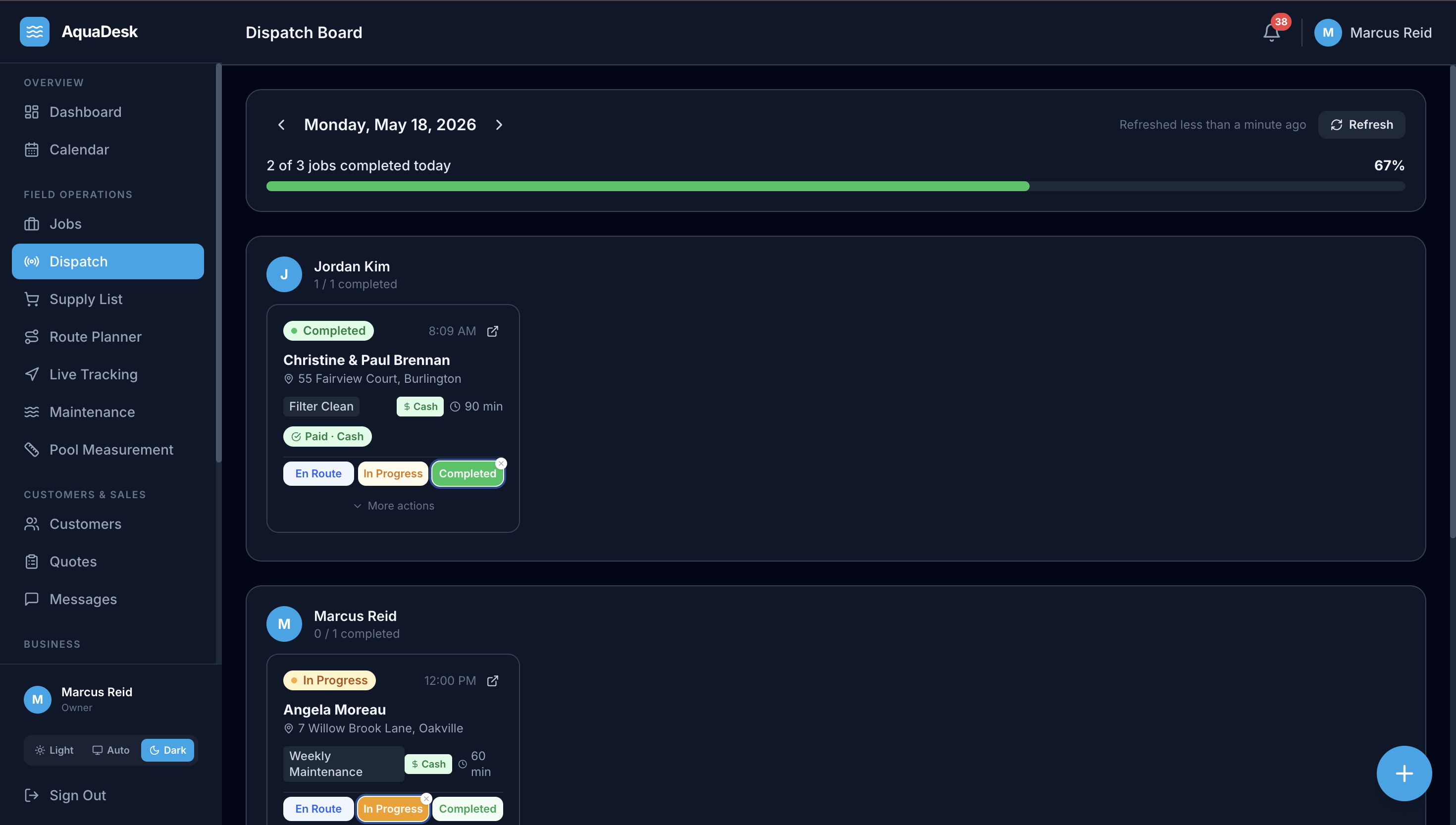 AquaDesk dispatch board in dark mode showing job status for Jordan Kim and Marcus Reid