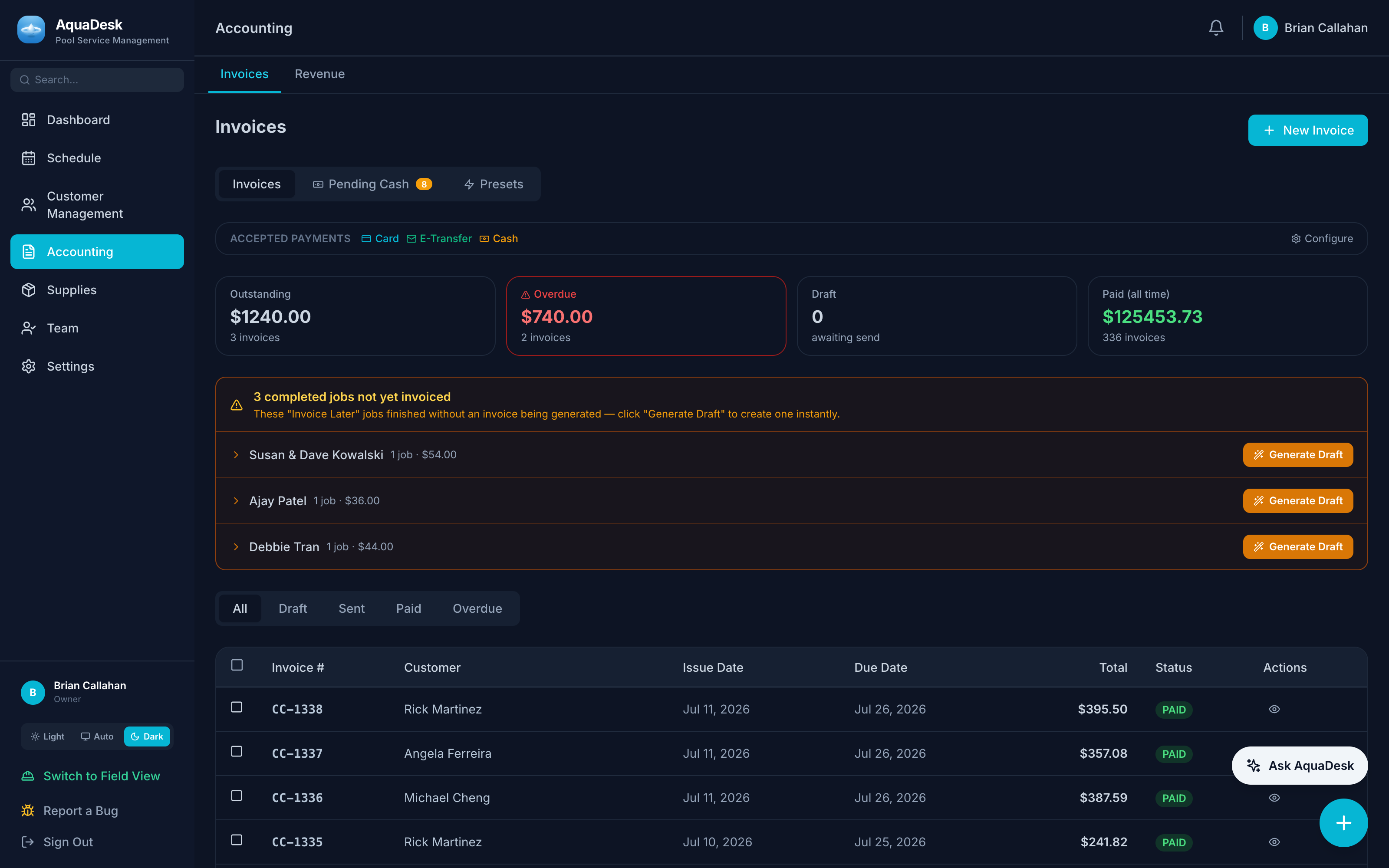AquaDesk invoices page showing outstanding, overdue and paid totals with accepted payment methods