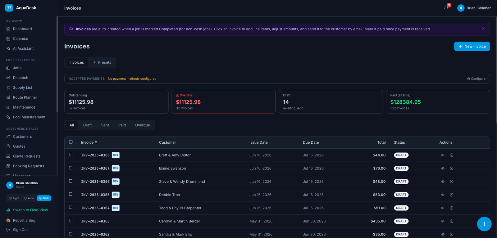 AquaDesk Invoices dashboard showing outstanding, overdue, draft and paid totals and a list of invoices
