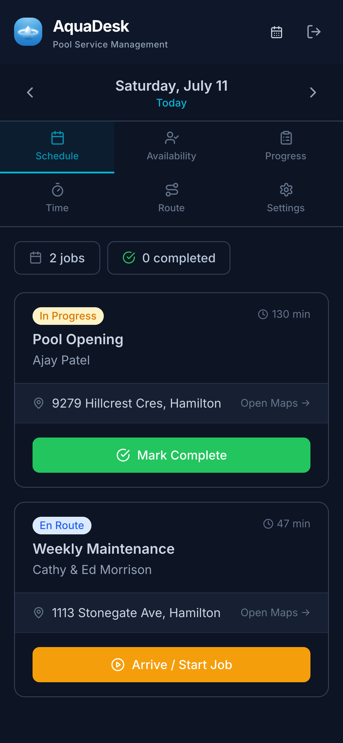 AquaDesk mobile app showing a technician's day with GPS check-in, job statuses and Mark Complete