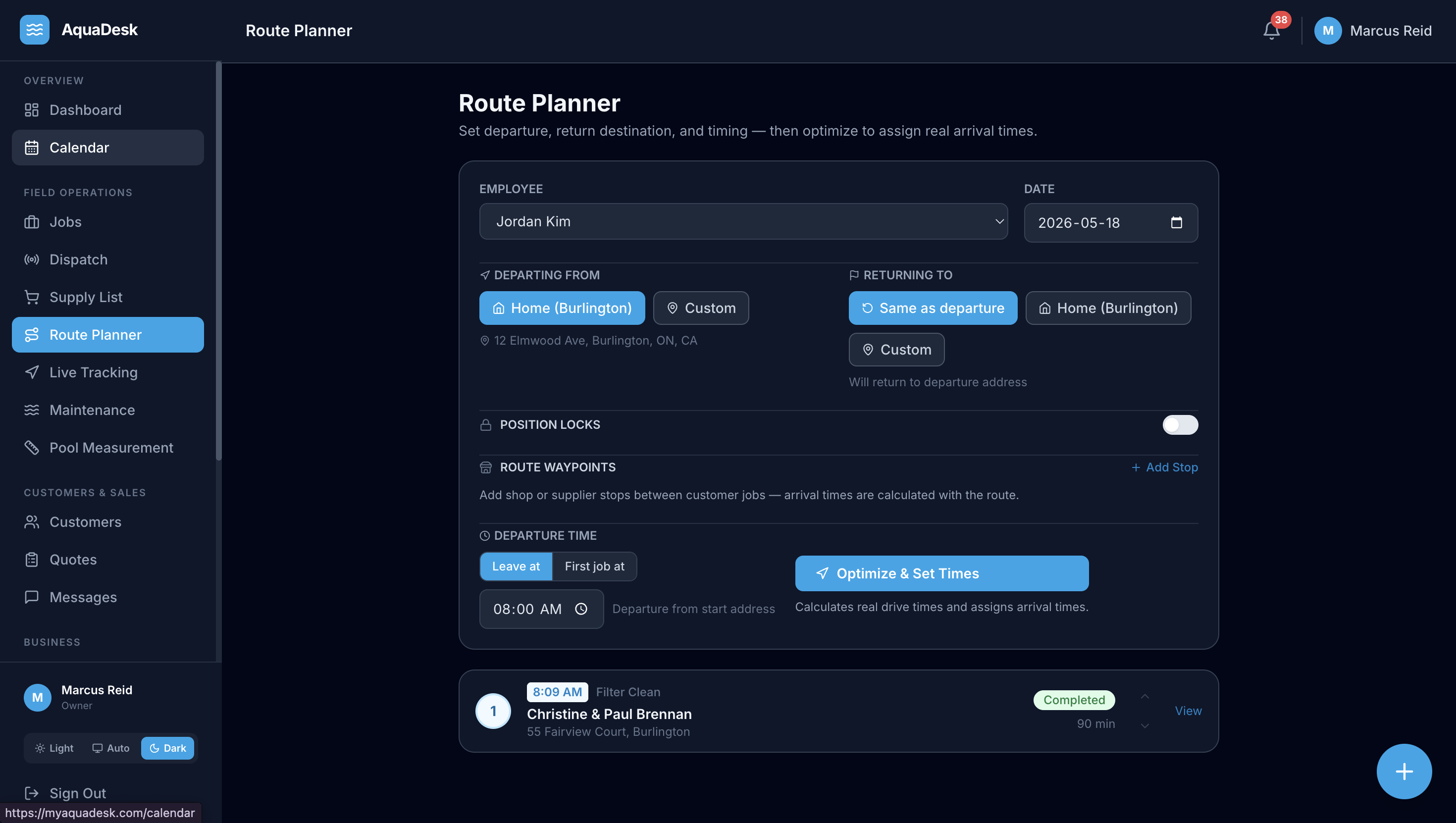 AquaDesk Route Planner in dark mode showing optimized stops for Jordan Kim with departure and return settings